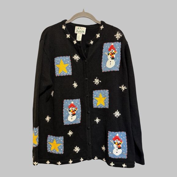 Quacker Factory Sweaters - The Quacker Factory Holiday Embroidered Patchwork Button Up Cardigan Sweater L